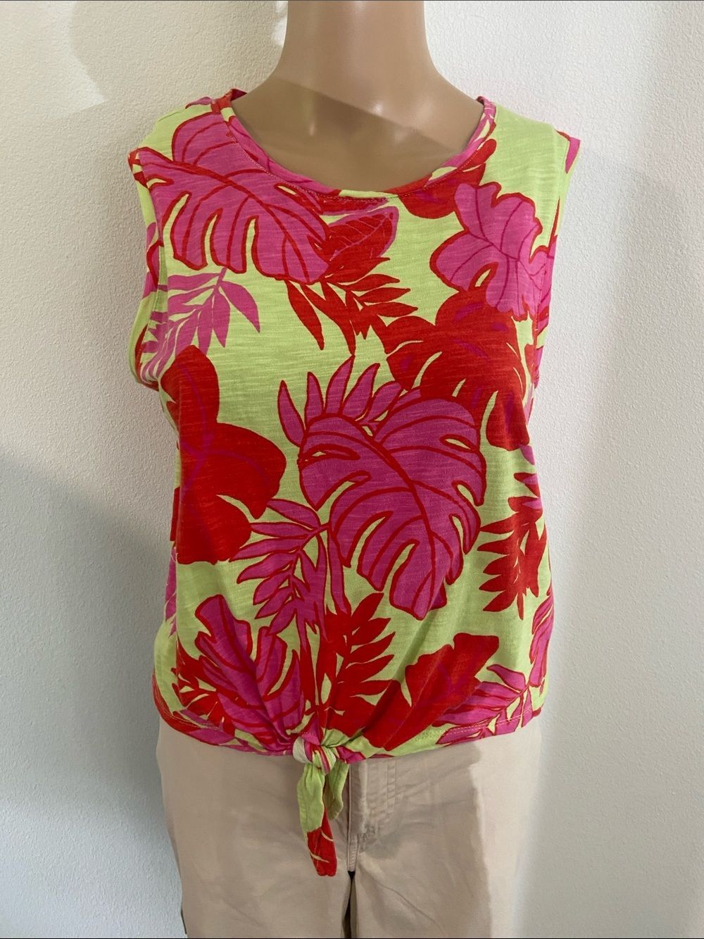 Sanctuary Lime Tank with Pink & Red Tropical Leaf Print and Front Tie